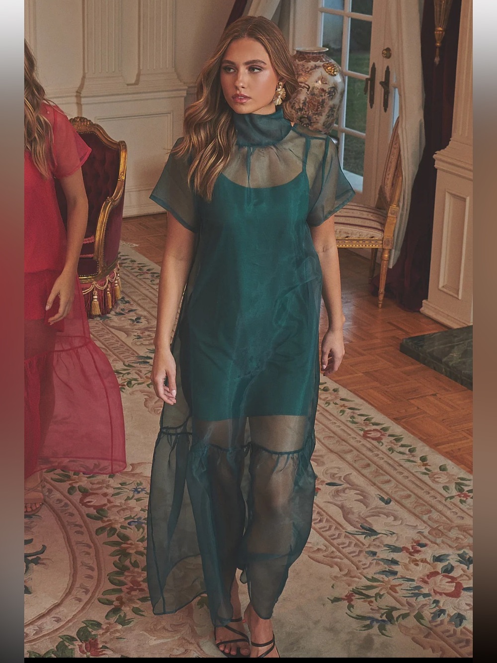 $115 Sugarlips Dime Organza Mockneck Maxi Dress in Emerald green,NWT XS